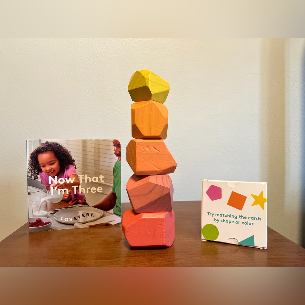 Lovevery Wood Stacking Boulders/Matching Cards/Now That I’m Three Book
